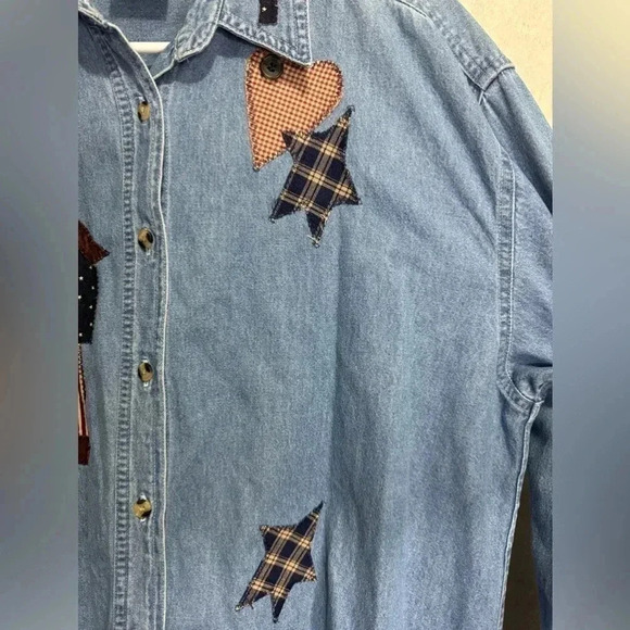 Women’s Denim Patches Patriotic US American Flag Button Down Shirt Top Large - Picture 5 of 10